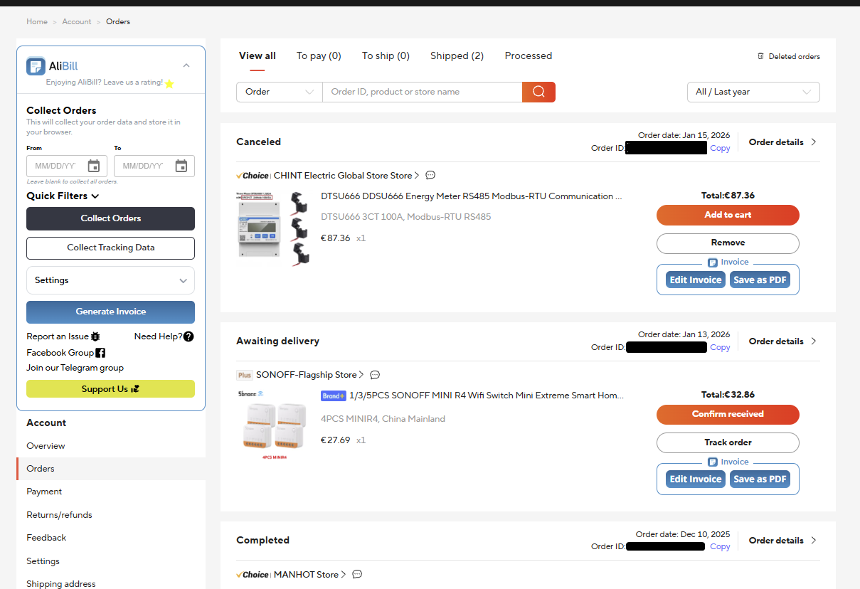 AliExpress order list page with the AliBill menu visible