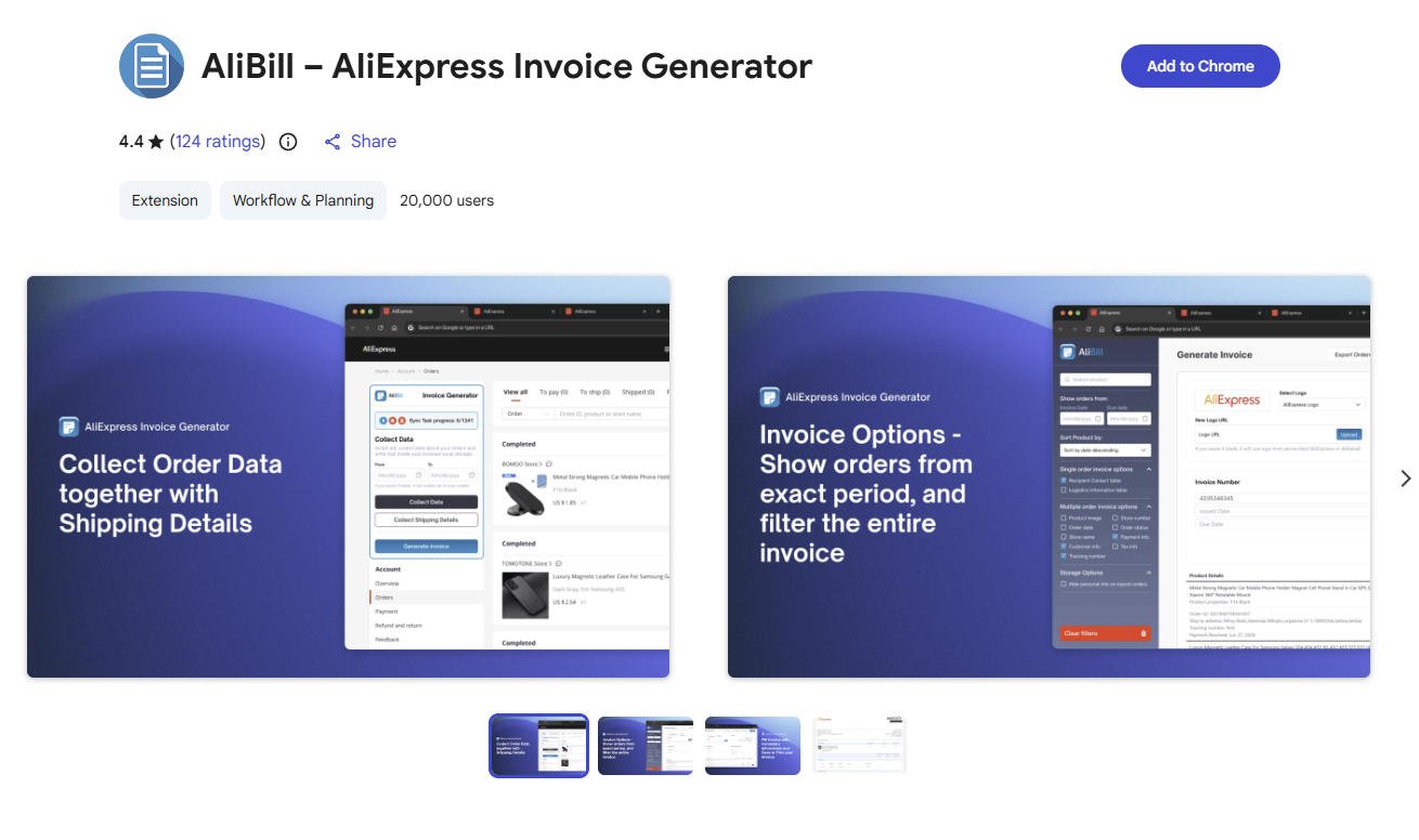 Chrome Web Store page showing AliBill extension with Add to Chrome button