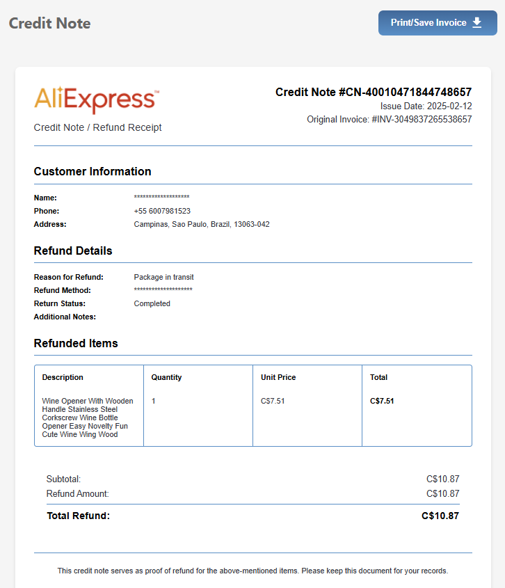 Generated credit note/refund receipt document