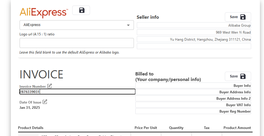 AliBill Invoice header