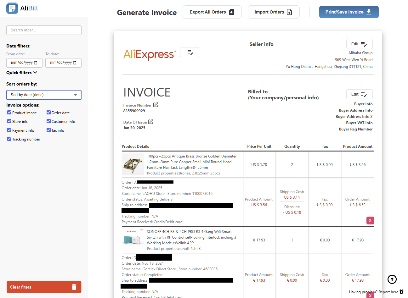 AliBill invoice