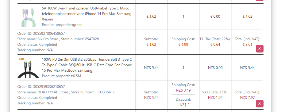 Invoice page showing per-order VAT/Tax labels in the order block with tax column visible