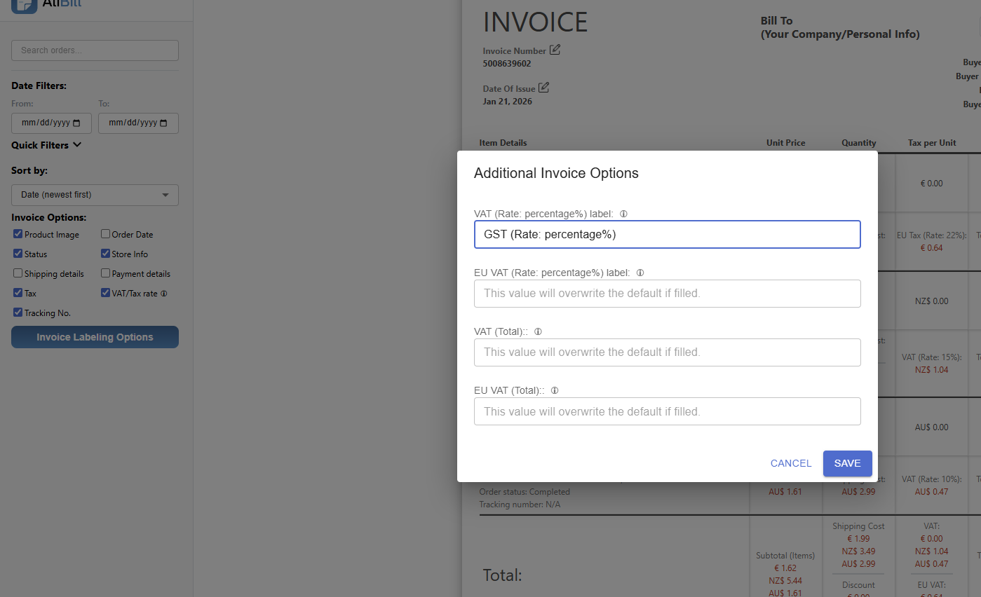 Side menu showing Invoice Labeling Options with the Additional Invoice Options panel open, showing the four label fields